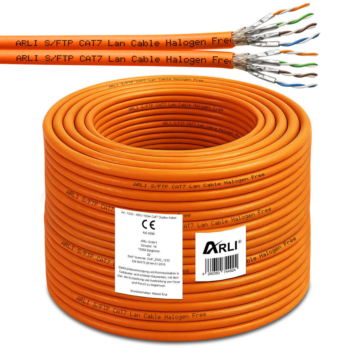 ARLI 100m Cat7 Duplex Verlegekabel S/FTP PIMF halogenfrei LSZH Twin Netzwerkkabel für feste Installation orange