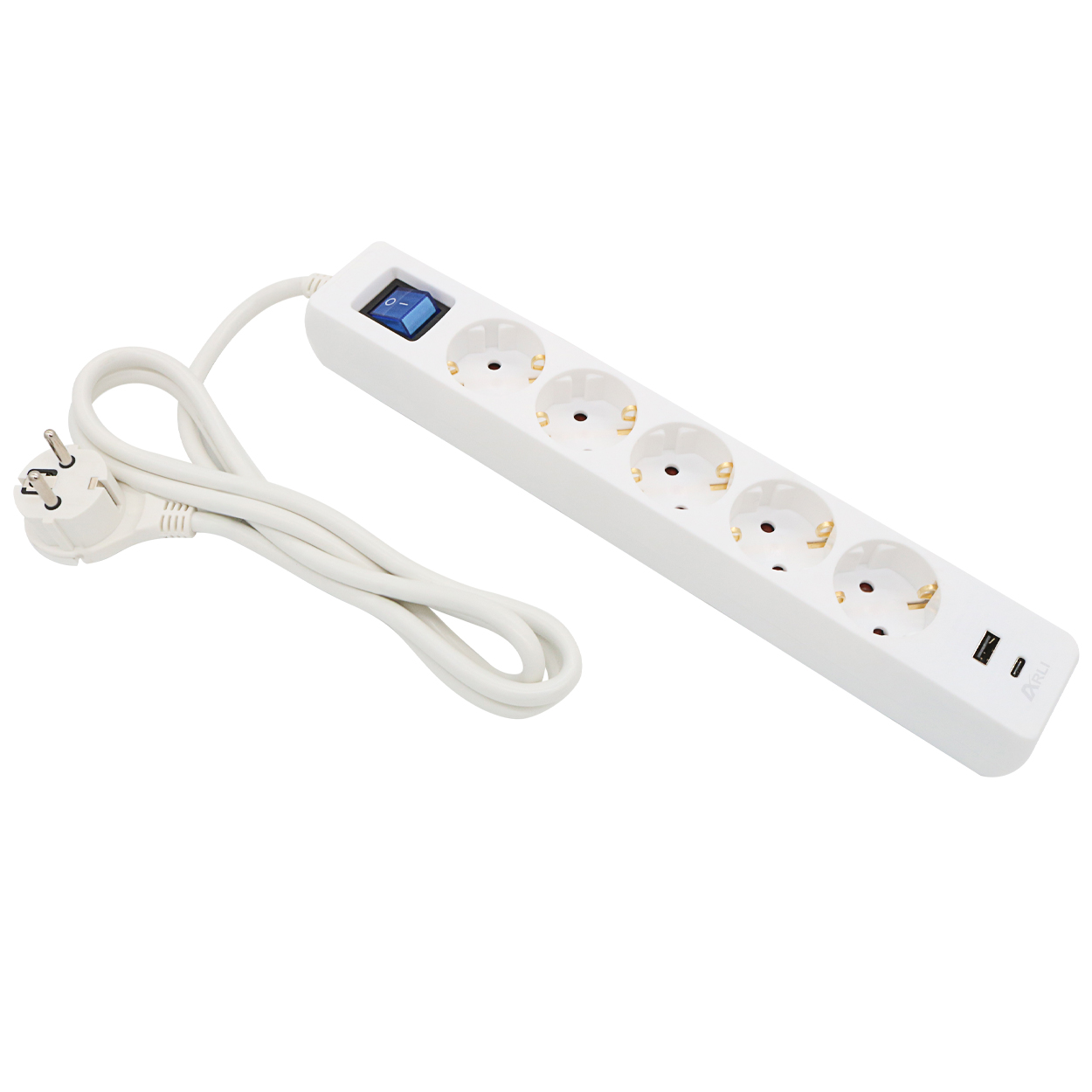 5m Steckdosenleiste weiß 5 fach mit USB-A + USB-C Ladebuchse Schalter flachem Winkelstecker