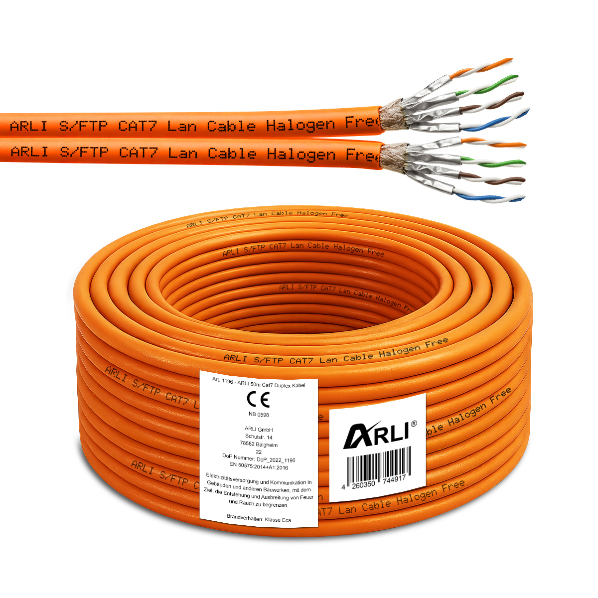 ARLI 50m Cat7 Duplex Verlegekabel S/FTP PIMF halogenfrei LSZH Twin Netzwerkkabel