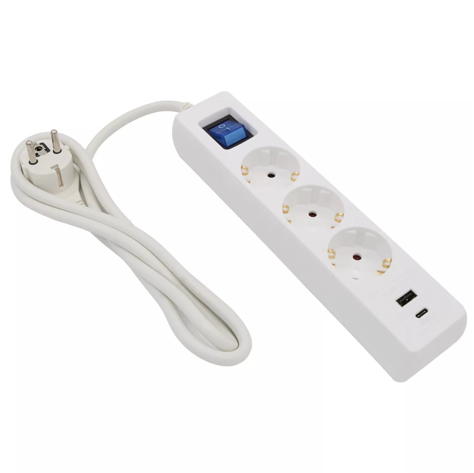 3m Steckdosenleiste weiß 3 fach mit USB-A + USB-C Ladebuchse Schalter flachem Winkelstecker
