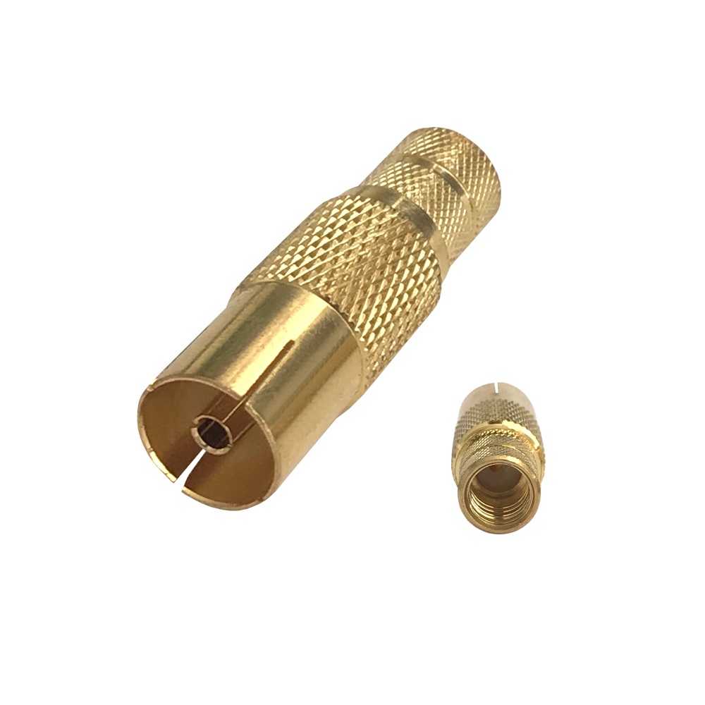 TV Antennenkupplung vergoldet 9,5 mm mit F-Buchse für Koaxial Kabel direkt aufschraubbar Adapter