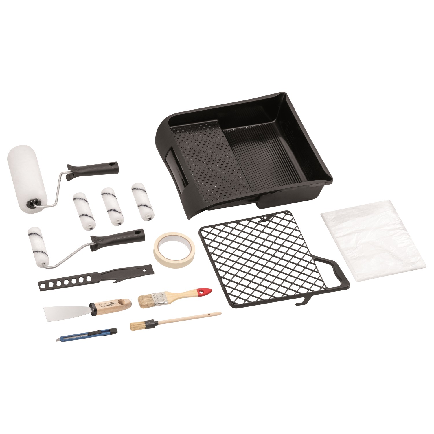 Maler und Renovier Set 15 teilig Komplettset mit Farbwalzen Pinseln Abdeckfolie Kreppband Spachtel Farbwanne Abstreifgitter